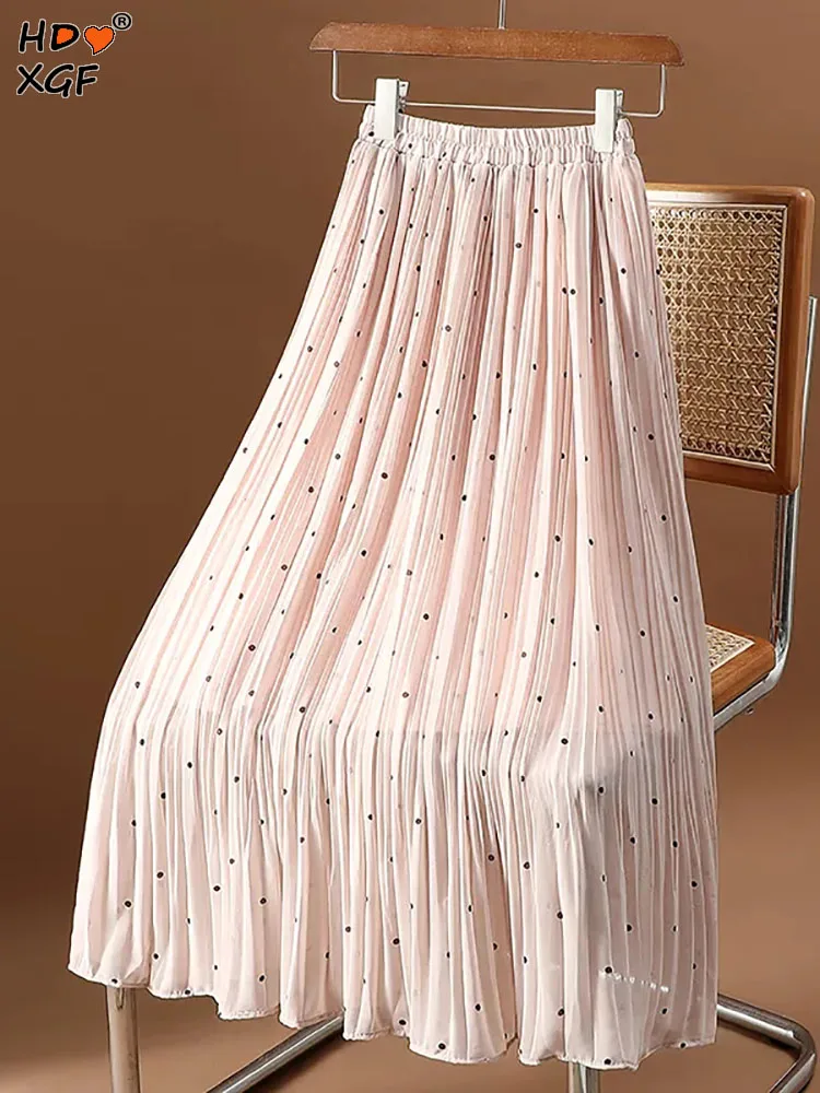 

Casual Dot-pleated Tulle Pink Skirt Womens Vintage Chiffon Elastic High Waist Midi Long Skirt Harajuku Fashion Skirts Streetwear