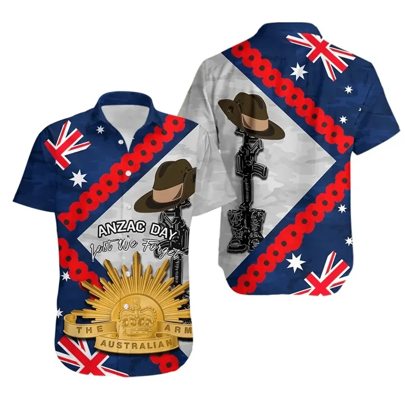 

Anzac Day Short Sleeve Shirts For Men Clothes Lest We Forget Australia New Zealand Hero Shirt Remember Flower Lapel Blouse Tops