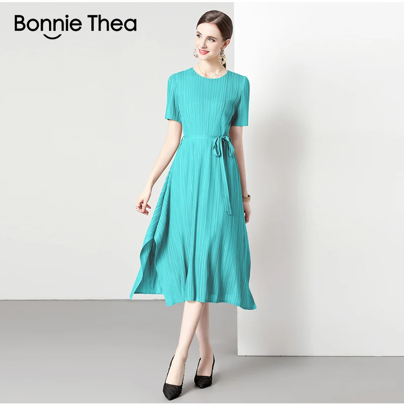 

Bonnie thea Miyake New Summer Pleated Long Dress Women O-Neck Lace-up Belt Loose Large Size Vintage Party Vestidos Midi Dresses
