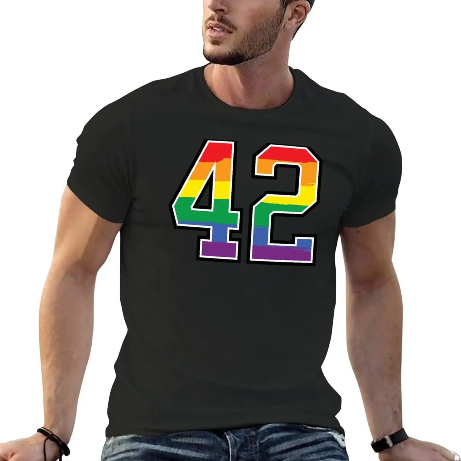 Numero 42 Rainbow Lgbt Pride Forty Two T-Shirt Funnys Anime Summer Top T-Shirt Uomo