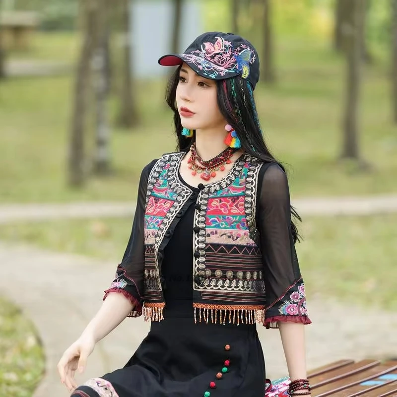 national flower embroidery o-neck ethnic vest traditional sleeveless waistcoat oriental tang suit chinese vintage folk vest