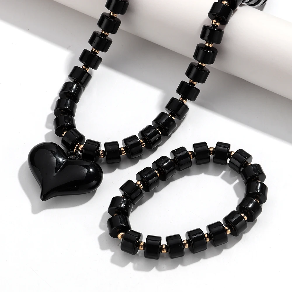 Gothic Acrylic Black Beaded Bracelets Necklace Set for Women Fashion Heart Pendant Choker Necklaces 2025 New Jewelry