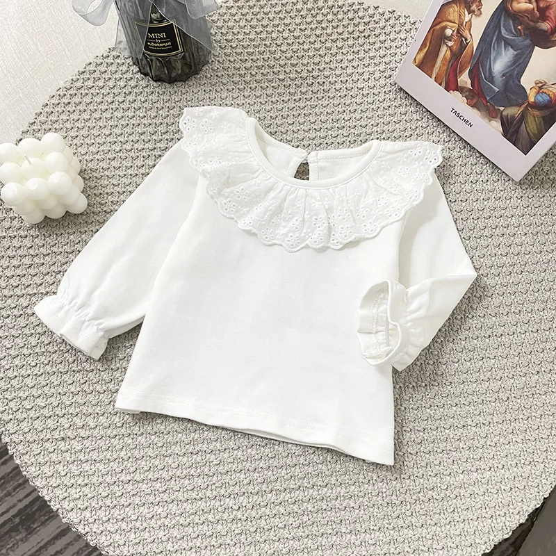 1623B Baby T-shirt Spring Autumn Children Doll Collar Long Sleeve Bottoming Shirt 0-3T Girl's Bottoming Tops Sweet T Shirt