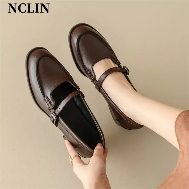 

New Autumn Winter Split Leather Loafers Round Toe Women Pumps Shoes For Women Concise Ladies Shoes Chunky Heels Zaptos Mujer