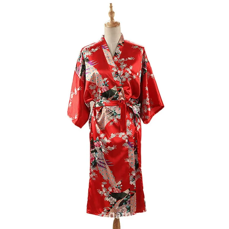 

Woman Loose Style Pajamas Home Sleep Wear Lace Up Peacock Print V-neck Night Gown Japanese Kimono Yukata Bathing Robe