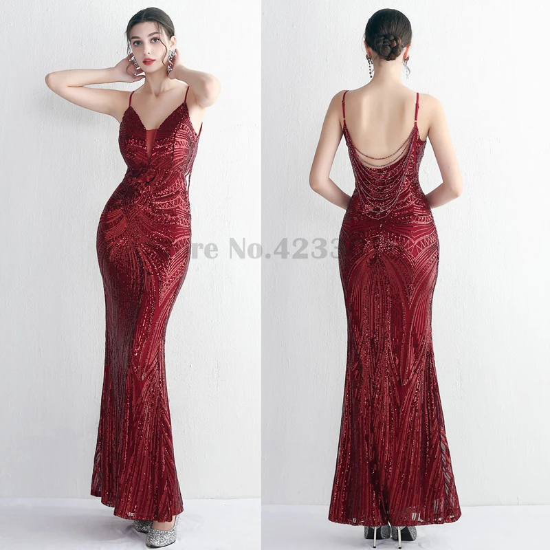

Sexy Suspender Deep V-Neck Evening Sequin Dresses Back Hollowed Out Tassel Long Slim-Fit Prom Dress Temperament Elegant Vestidos