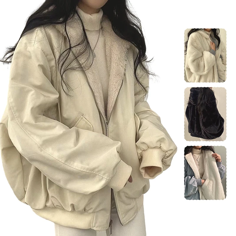 Winter Fleece Parkas Korean Style Plus Velvet Double Side Lamb Wool Cotton Clothing Women's Coat Winter New Hooded Plush Jackets