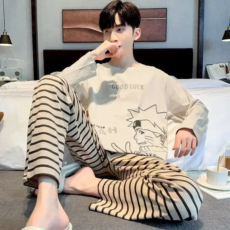 

Naruto anime one piece luffy men's spring autumn long sleeved thin pure home clothing youth and student pure cotton pajamas gift