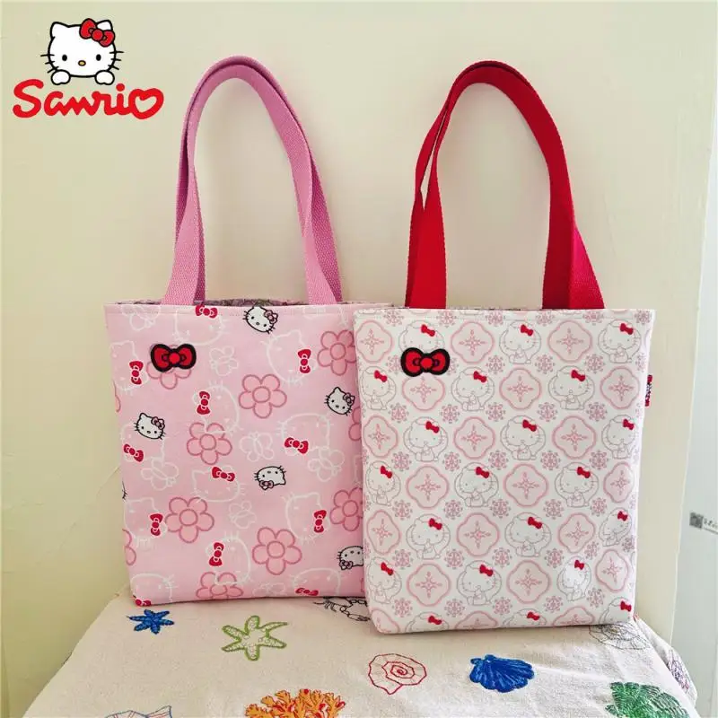 

Kawaii Cartoon Hello Kitty Handbag Anime Fashion Trends Cotton Printed Embroidered Bow Girl Shoulder Bag Birthday Gift for Girls