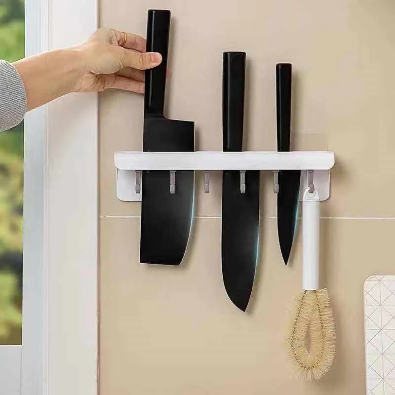 

Wall-Mounted Kitchen Rack Knife Holder Storage Shelf With 6 Hooks Cutlery Organizer Household Accessories