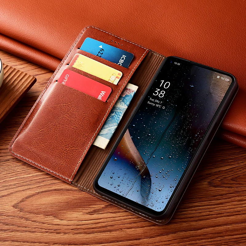 Crazy Horse Genuine Leather Flip Wallet Case with Fall Prevention