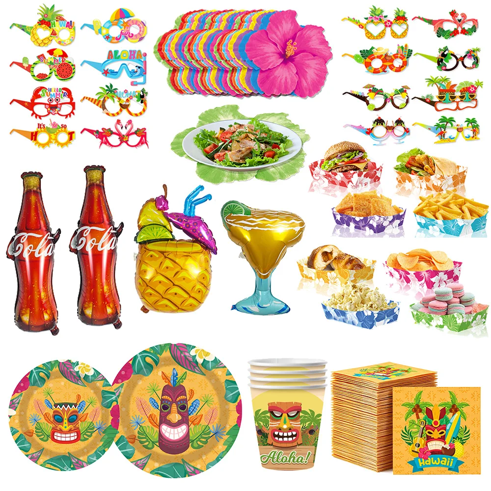 Hawaiianisches Thema, Partygeschenke, Brillen, lustige Sonnenbrille, Requisite, Essen, Tablett, hawaiianische Blumen, Tischset, Strand, Sommerparty-Dekorationen