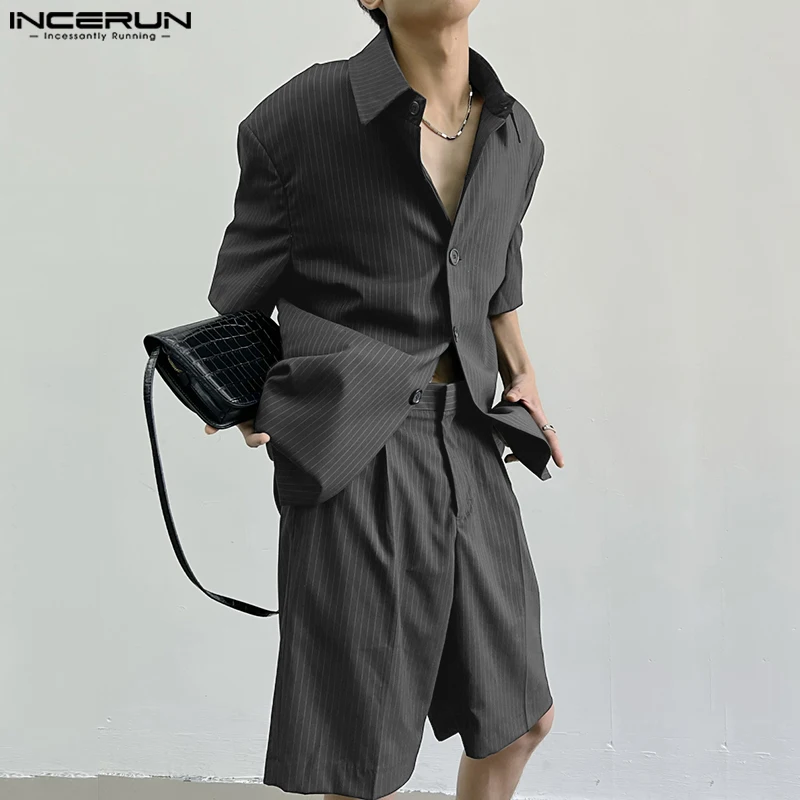 

INCERUN Men Striped Sets Streetwear Lapel Short Sleeve Shirt & Shorts Two Pieces Sets Korean Style 2023 Fashion Men Casual Suits