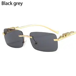 Vintage Rimless Square Luxury Sunglasses with Leopard Head Design (Black grey)