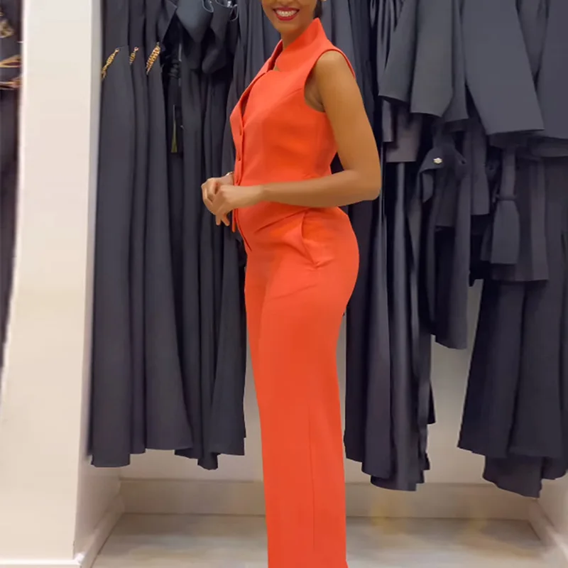 Women's 2024 summer new fashion stand-up collar sleeveless vest high waist trousers casual suit