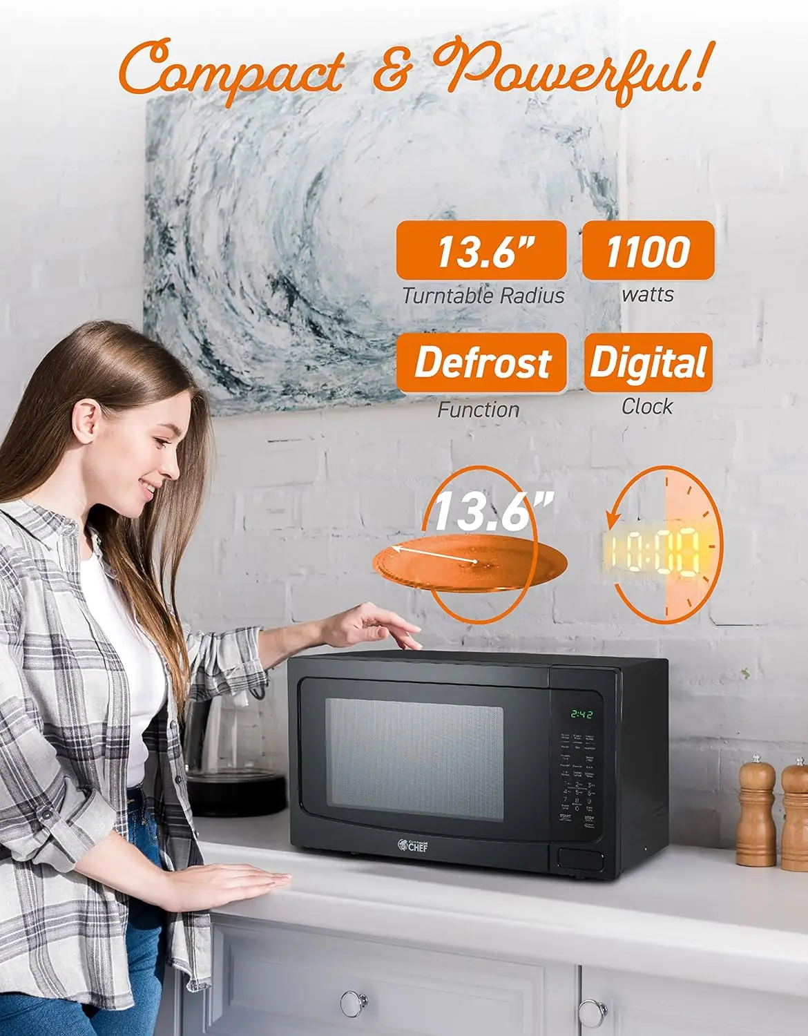 CHEF 1.6 Cubic Foot Microwave with 10 Power Levels, Small Microwave with Push Button Child Safety Lock, 1100 Watt Microwave 4
