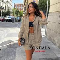 KONDALA Casual Chic Women Yellow Suit V-Neck Full Sleeve Single Breasted Blouse Elastic Shorts Fashion 2025 Spring Summer Set - Image 5