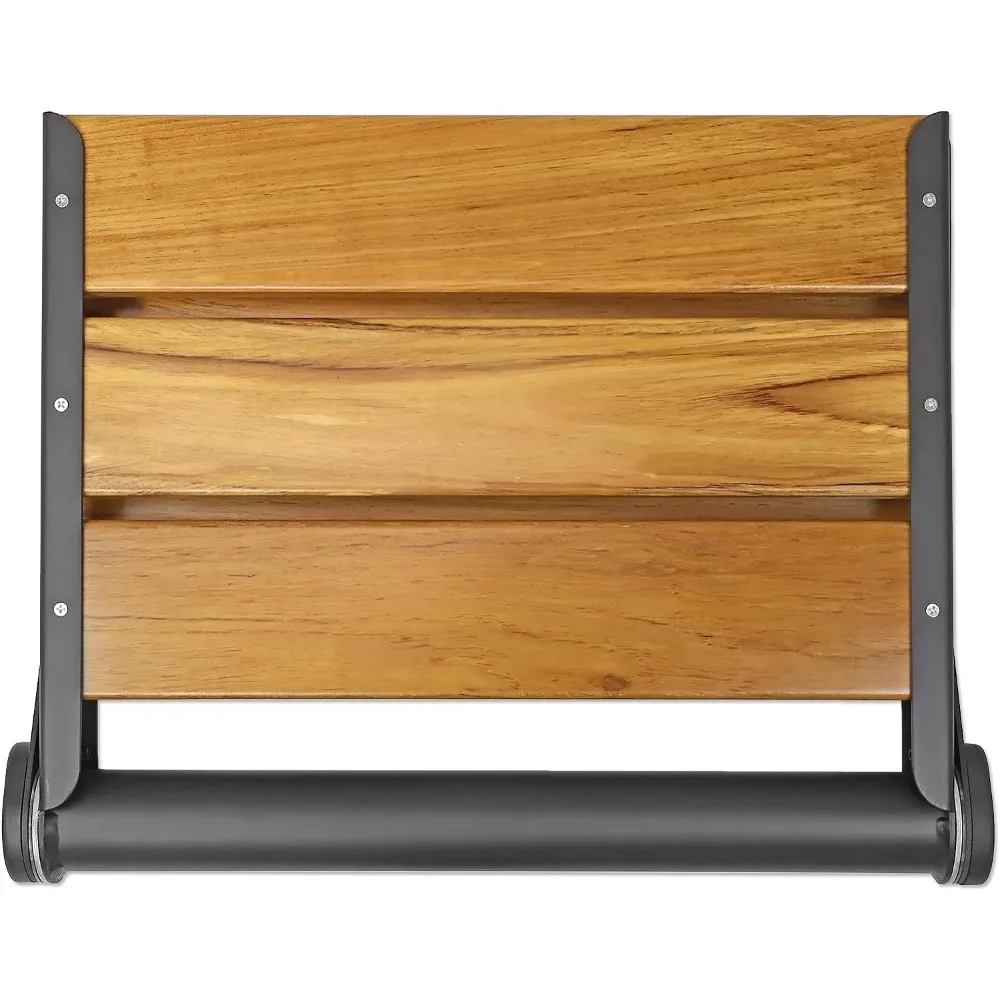 18" Wall-Mounted Folding Serena Teak Wood Shower Bench Seat with Matte Black Frame, Clear Coated for Extra Protection 2