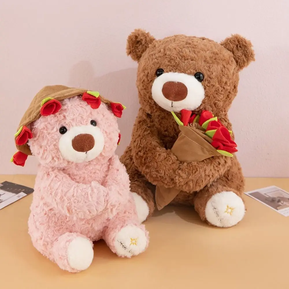 Stuffed Doll Romantic Rose Bear Plush Toy Cartoon Floral Blanket Holding Flowers Bear Doll Detachable Bear Wear Rose Hat Gift