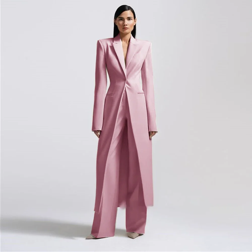 High-end Women Pants Sets Office Lady Formal Slim Fit 2 Piece Fashion Peak Lapel One Button Long Coat Solid Color Custom Suits 4