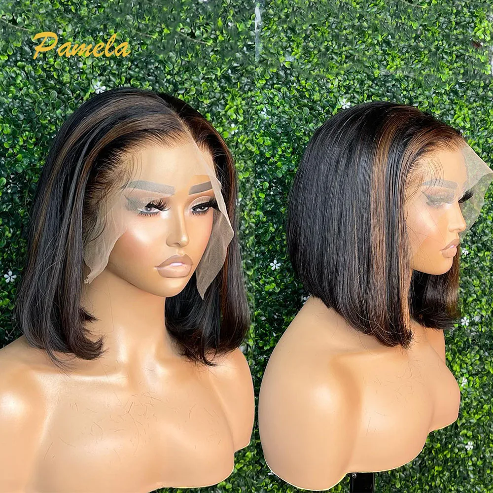 Bone Straight 250% Density 13x4 Short Bob Brown Transparent Lace Frontal Human Hair Glueless Wigs Preplucked Ready To Wear