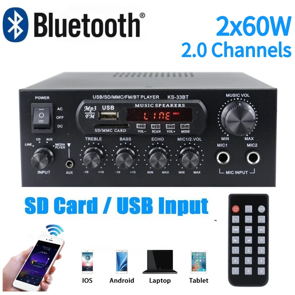 

Цифровой Hi-Fi-усилитель, 2x60 Вт, Bluetooth 5,0