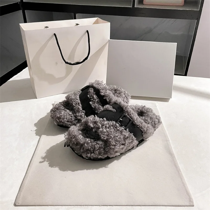 2023 Winter New Wool Slippers Fashion Soft Warm Comfortable Flat Slippers Brand Designer Casual Home Flat Slippers