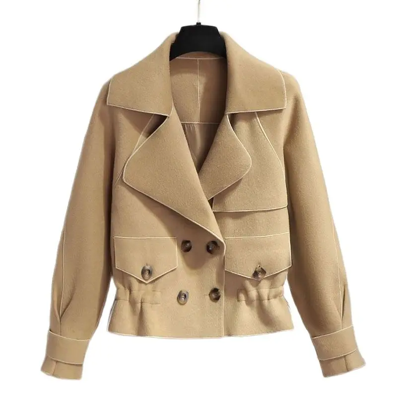 

2024 New Spring Autumn Jacket Fashion Design Women's Woolen Coat Double-Breasted Short Khaki Woolen Outerwear Casaco Feminino