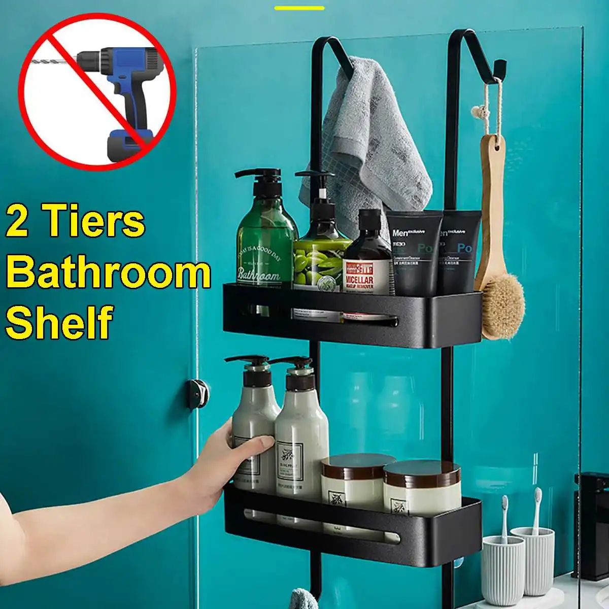 Black Hanging Bath Shelves Bathroom Shelf Organizer Nailfree Shampoo Holder Storage Shelf Rack