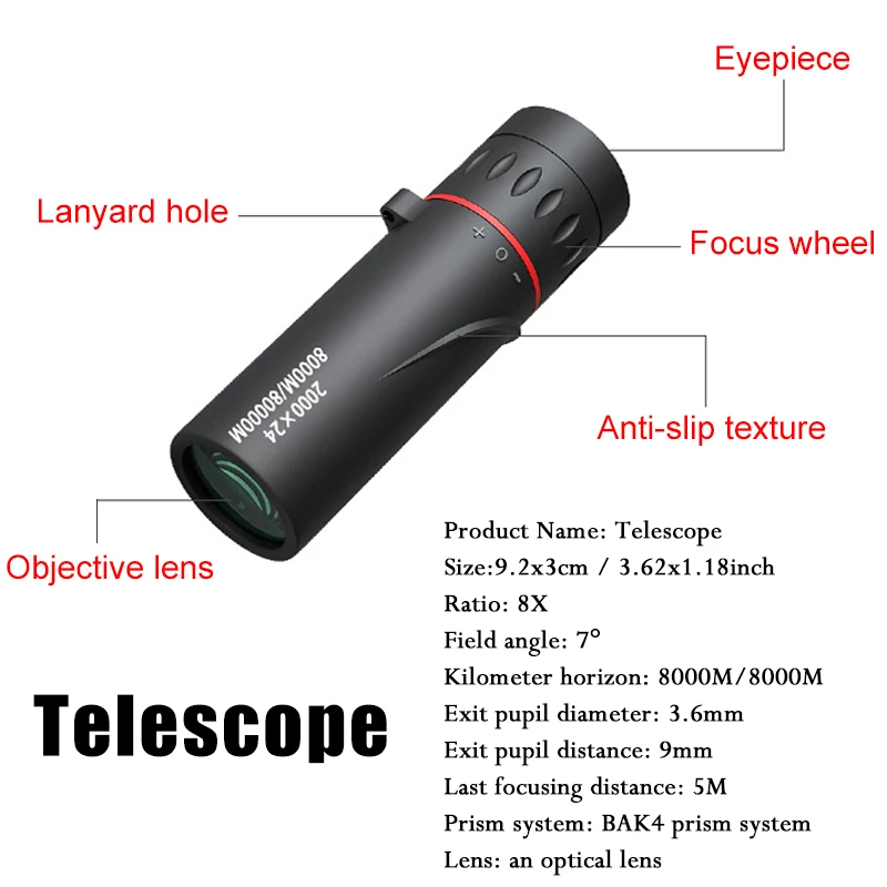 2000x24 HD monokulární dalekohled outdoorové mini přenosné zaskočit dalekohled telefon dalekohled klip stativ kemping birdwatching dalekohledy