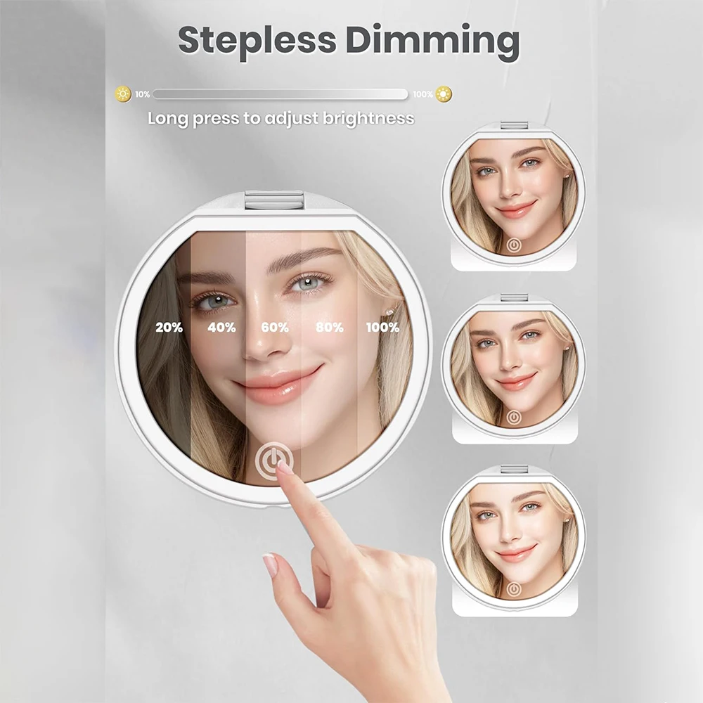 LED Pocket Mirror - Rechargeable Compact Cosmetic Mirror with Light, Travel-Friendly and Folding Design, 1X/10X Magnification