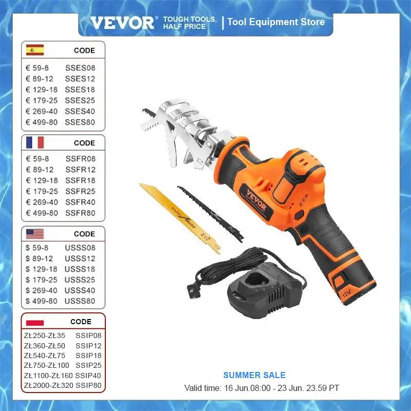

VEVOR Cordless Reciprocating Saw 0-2700RPM Variable Speed Battery Powered with Branch Support and Blades for Wood Metal PVC