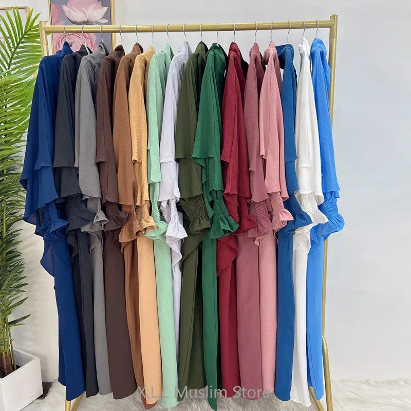 Eid Ramadan Solid Color Modest Prayer Dress Turkish Islamic Kaftan Without Hijab Muslim Dubai Abaya Dresses Loose Women Clothing