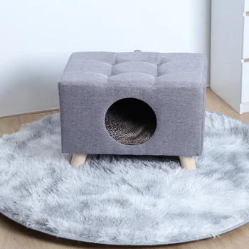 Cat Nest, Pet House Bench, Wood Pet House Cat Cave with Mat, Pet House Foot Rest Stool with Cushion, Cube House for Cats dogs 1