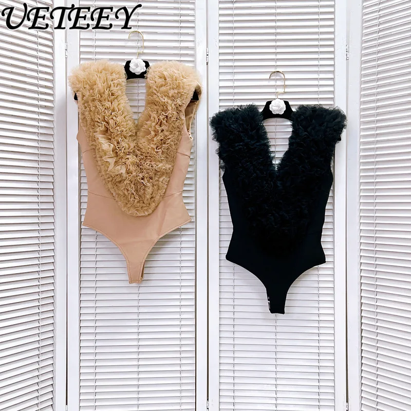 High Street Chest Deep V Bandage Knitted Jumpsuit Women Sweet Tridimensional Petal V-neck Slim Vest Beach Wear Bodycon Overalls