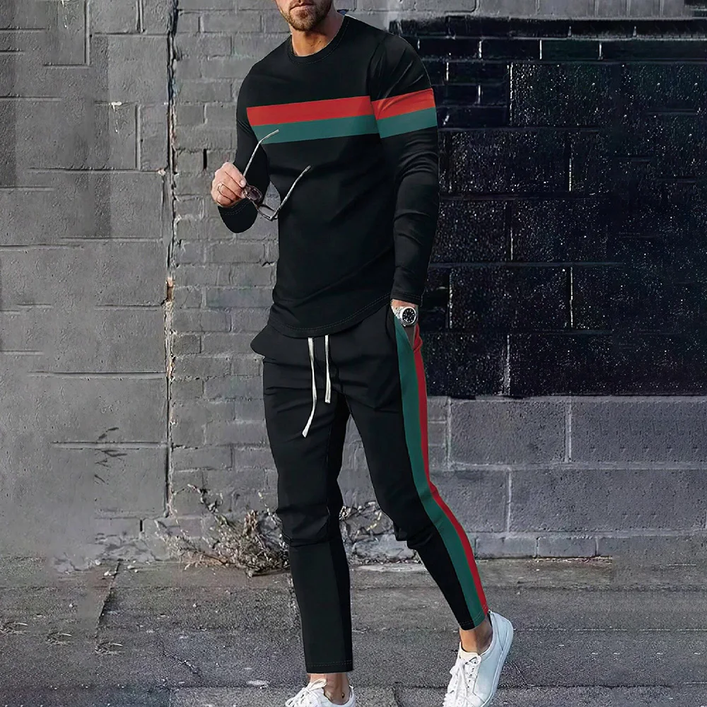 2024 Striped Print Men's 2-Piece Set Casual O-Neck Long Sleeve T-Shirt Drawstring Waist Pants Sweatsuit Men's Tracksuit Outfits 4