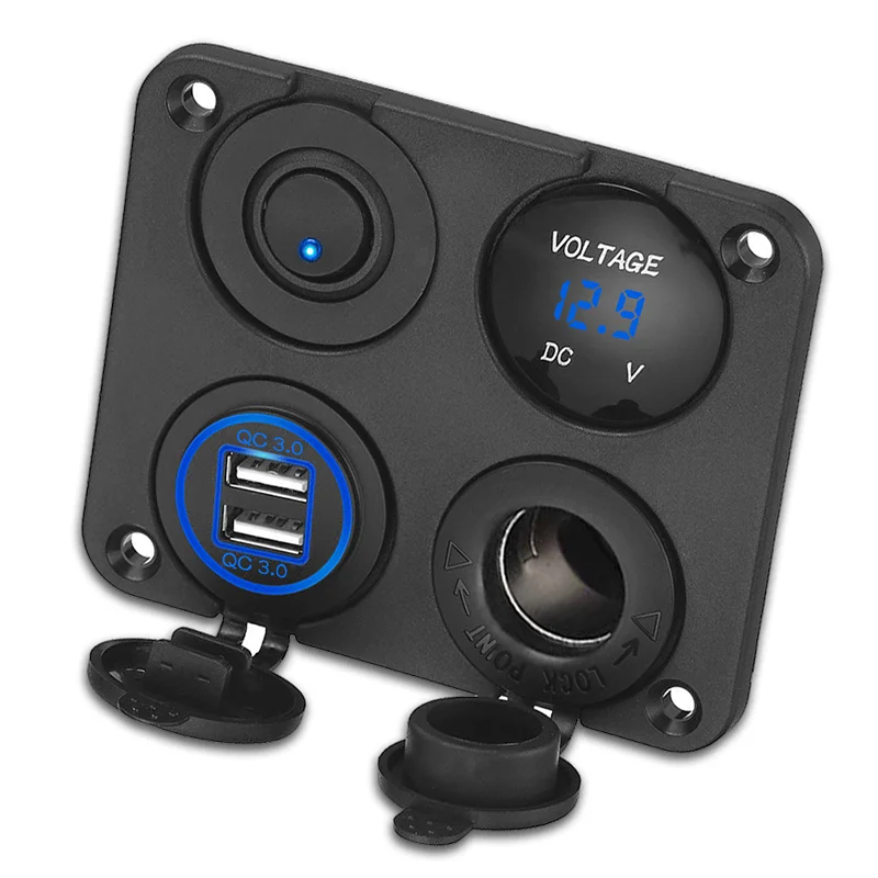 4 in 1 차량용 충전기 12V 스위치 패널 QC3.0 듀얼 USB 충전기 LED 전압계 12V ON/OFF 토글 스위치 자동차 보트 용 담배 소켓