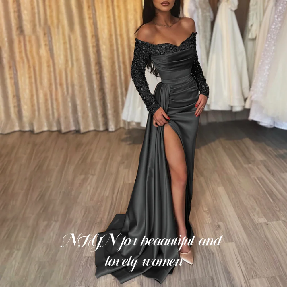 فستان NFYN لامع بأكمام طويلة للحفلات الذهبية بفتحة...