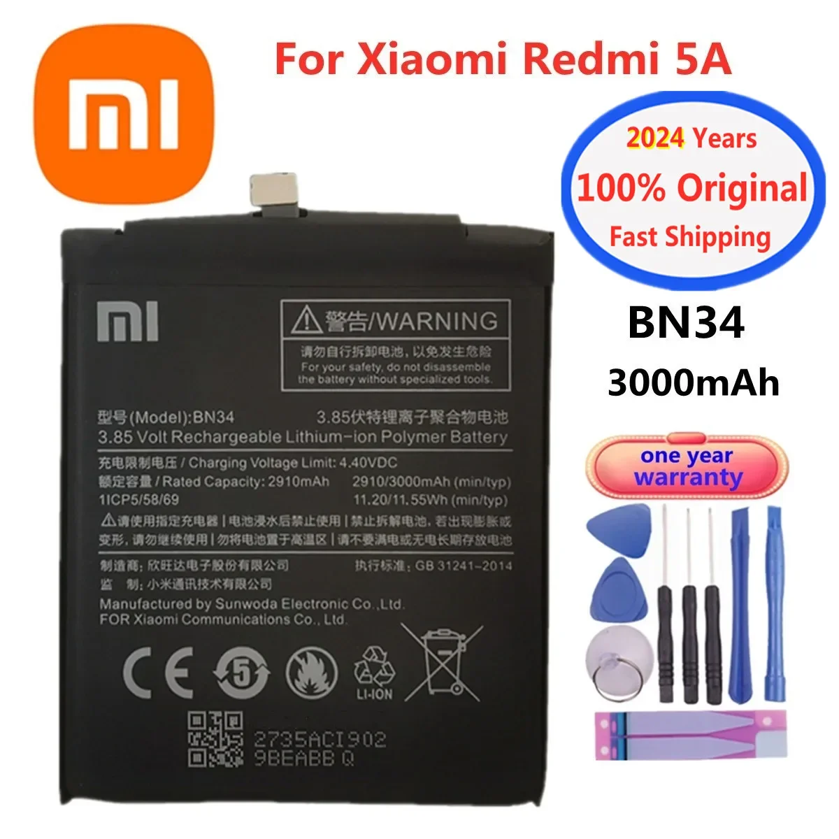 

Аккумулятор BN34 для Xiaomi Redmi 5A 2024 '', 3000 мАч, 5,0 дюйма