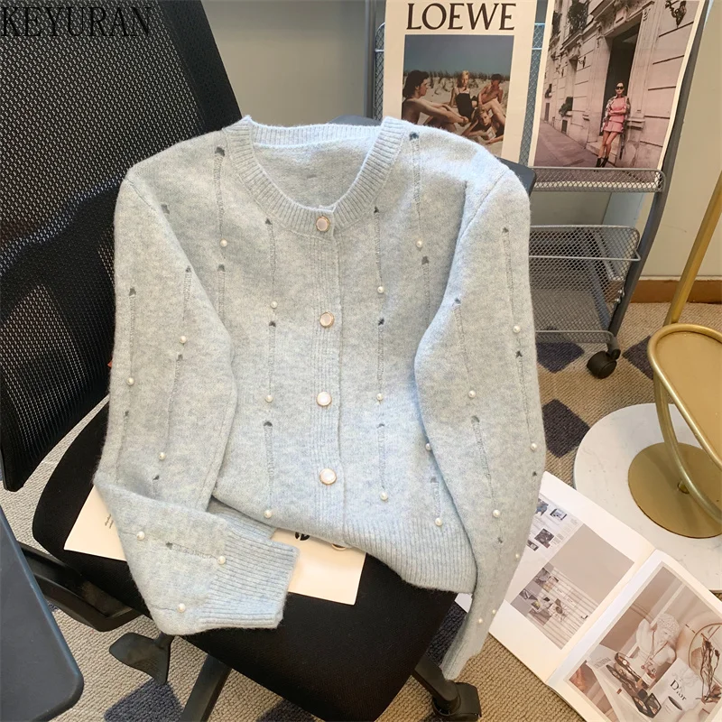 

Beading Knitted Cardigan Sweater Women 2023 Autumn Winter Korean Fashion O-Neck Long Sleeve White Cropped Cardigan Knitwear Tops