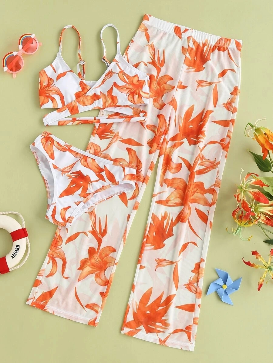 

Three Pieces Print Bikini Swimsuit Women Swimwear Halter Bikini Set Summer Beach Bathing Suit