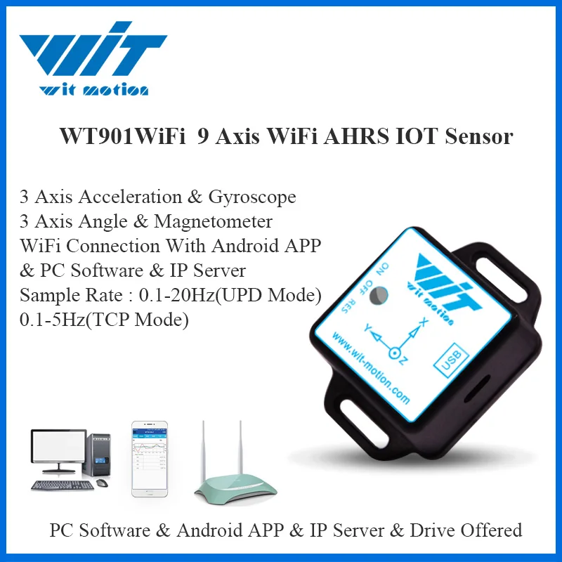 WitMotion WT901WiFi Wireless 9 Axis WiFi Sensor Angle Inclinometer + Accelerometer + Gyro Magnetic Field on PC/Android/Server
