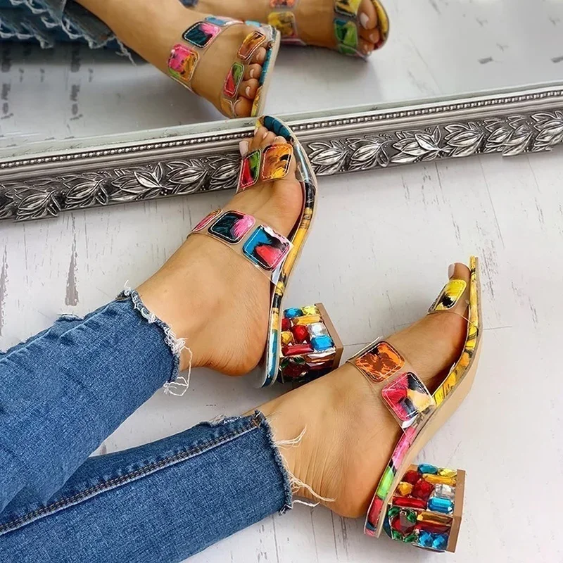 Women Wedge Sandals Square Heels Summer Peep Toe Multi Colors