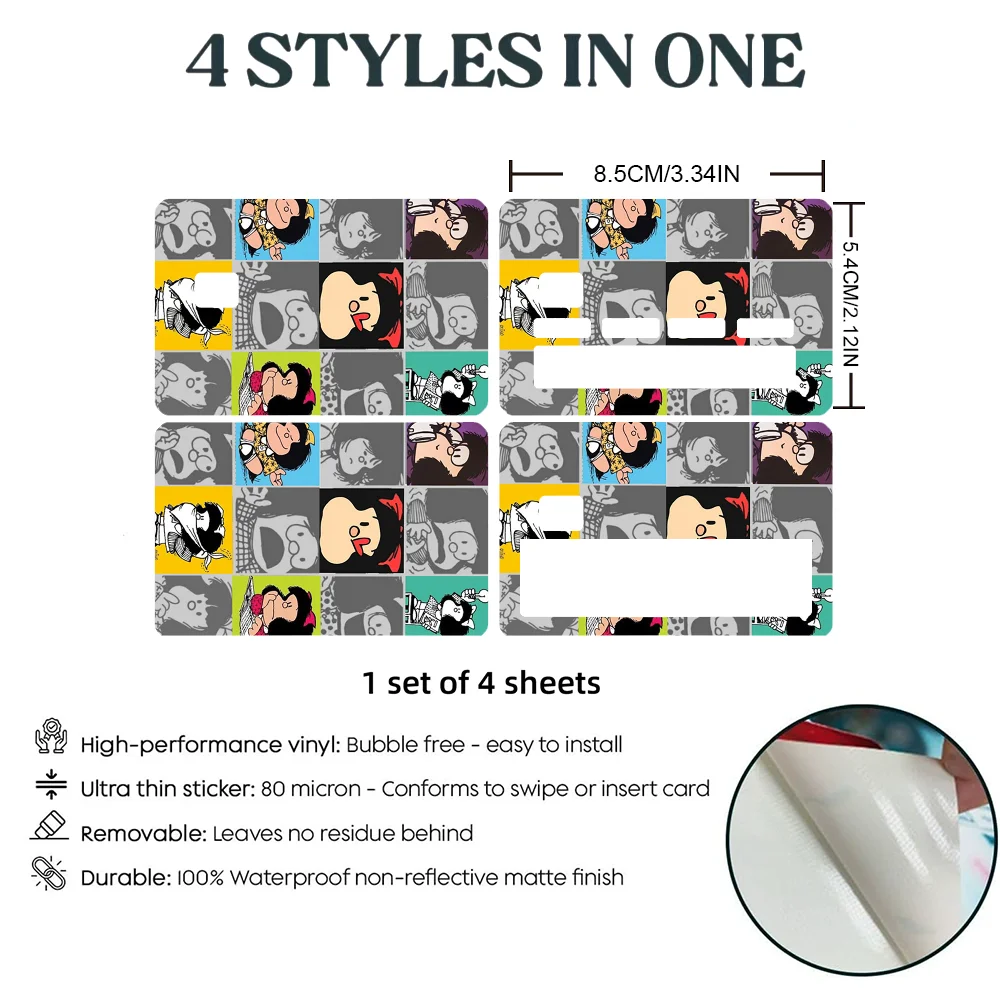 Cute M-Mafaldas Stickers 4pcs PVC Card Skin Stickers For Bank Card Bus Metro Case Decorate Gift