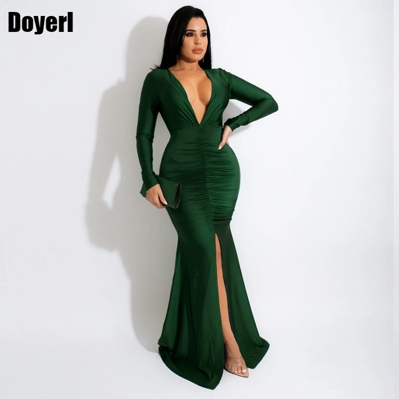 

Осенне-зимнее сексуальное вечернее платье для женщин, элегантное облегающее Платье макси с высоким разрезом и рюшами для ночного клуба, вечерние платья с длинным рукавом