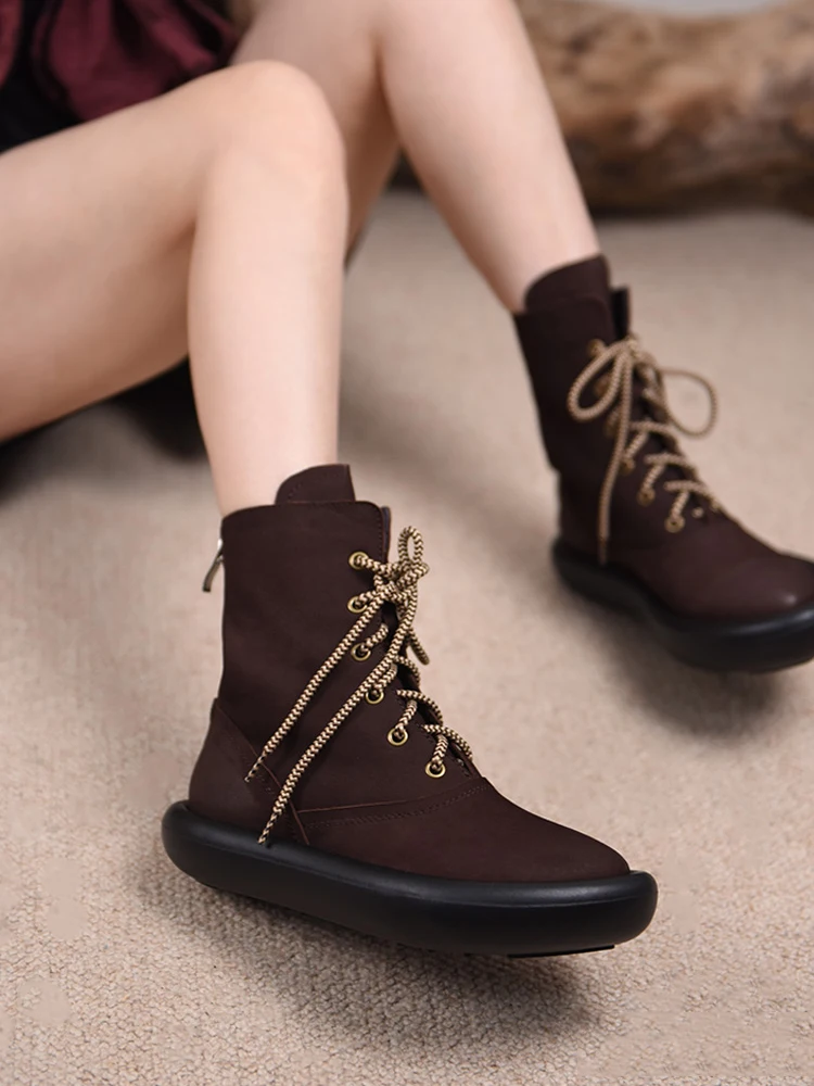 

Artmu Original Thick Heel Ankle Boots Shoes For Women Genuine Leather Lace Up Zippers Short Boots Ladies Flat Platform Boots