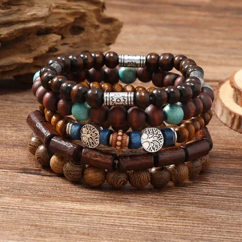 Boho Charm Bracelet Set 4–5pcs – Wood Beads Cactus Hamsa Tree Butterfly