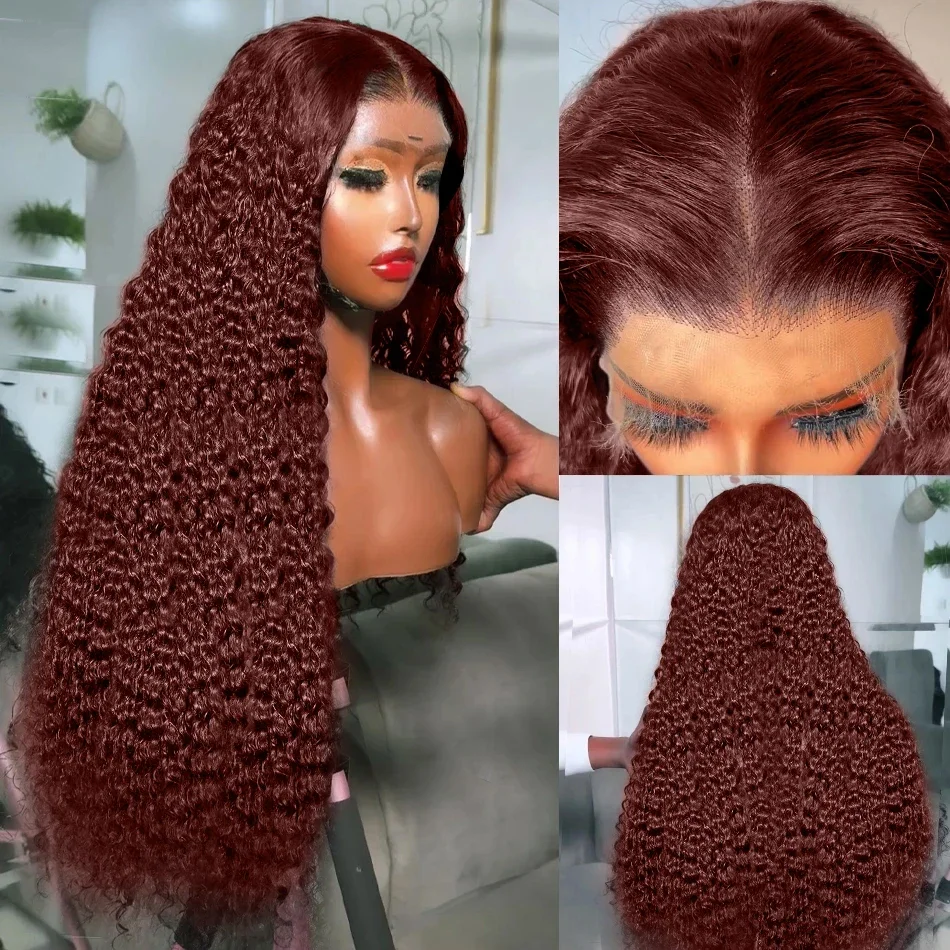 30 36 Inch Reddish Brown 13x4 Lace Front Human Hair Wigs Deep Wave Dark Red Brown 13x6 Pre Plucked HD Lace frontal Wig