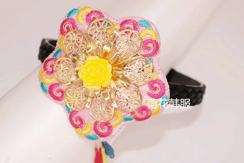 

Корейская повязка на голову Hanbok, обруч для волос для девочек, Золотистый металлический обруч с вышивкой