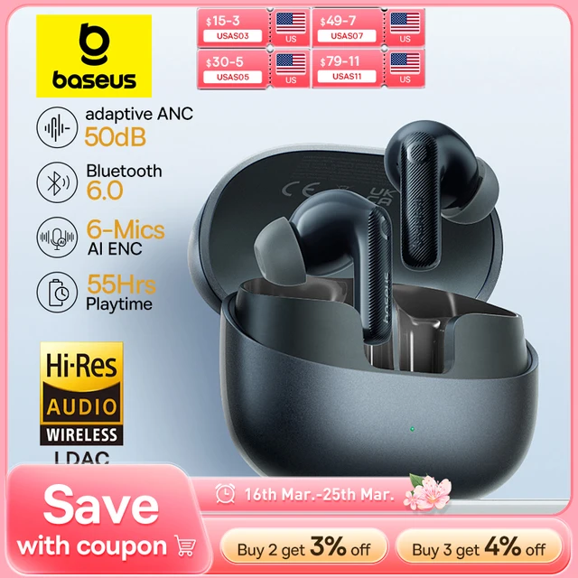 Baseus EP10 Pro ANC Earbuds Wireless Bluetooth 6.0 Earphones 50dB Realtime Adaptive Headphones 6 Mic Hi-Res LDAC IP55  Ear buds